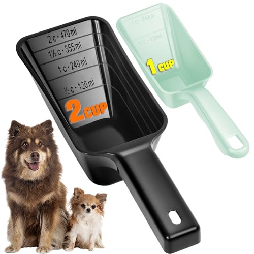 2-Pack Dog Food Scoop Set,1 Cup and 2 Cup Plastic Pet Food Measuring Scoops with Clear Measurement Lines,Multi-Purpose Pet Food Scooper for Dogs, Cats (Green and Black) - color: Green and Black