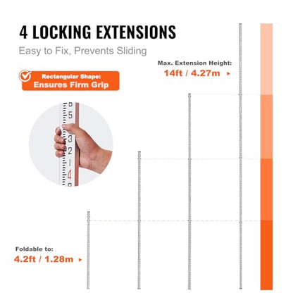VEVOR Aluminum Grade 14-Feet 6 Sections Telescopic Measuring Rod, Double-Sided Scale 1/10 ft Leveling Rod with Bubble Level & Carrying Bag for Houses, Walls, Floors - size: 14 FT-10ths