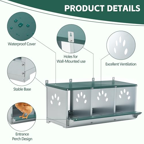 3 Compartment Metal Chicken Nesting Box with Roll Away Egg Collection 32×16×15in,Wall Mountable Large Hen Laying Box with Vented Holes,3 Houses Coop Roosting Boxes Fit for Different Poultry Breeds - size: 32×16×15in