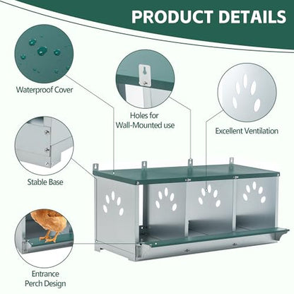 3 Compartment Metal Chicken Nesting Box with Roll Away Egg Collection 32×16×15in,Wall Mountable Large Hen Laying Box with Vented Holes,3 Houses Coop Roosting Boxes Fit for Different Poultry Breeds - size: 32×16×15in