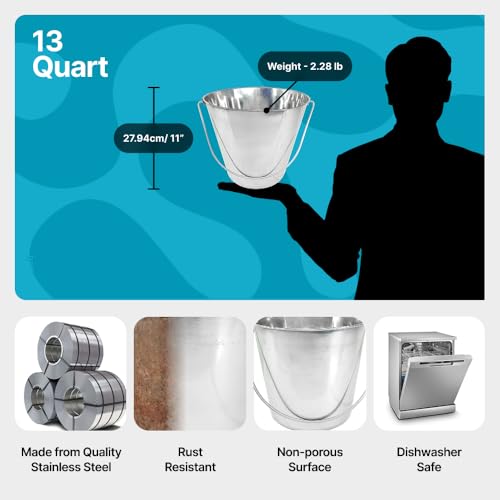3 Gallon Stainless Steel Bucket - Heavy Duty Flat Side Metal Bucket for Feeding & Watering Pets, Livestock & Cleaning - Perfect for Crates, Kennels, Cages & Hang on Fences - 13 Quart - size: 13 Quarts