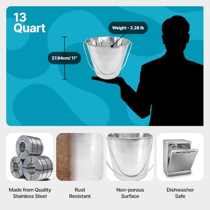 3 Gallon Stainless Steel Bucket - Heavy Duty Flat Side Metal Bucket for Feeding & Watering Pets, Livestock & Cleaning - Perfect for Crates, Kennels, Cages & Hang on Fences - 13 Quart - size: 13 Quarts