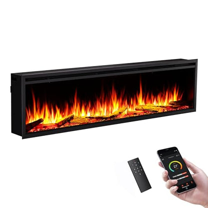 LegendFlame 72" W Smart Wall Mount & in Wall Recessed Electric Fireplace Insert, Heater 750W/1500W, Multi Colors of Flame & Fuel Bed, Alexa/Google Assistant Enabled - size: 72" DEEP