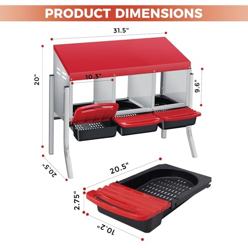 Chicken Nesting Boxes, Heavy-Duty 8-Compartment Metal Chicken Nesting Box – Removable Tray, Ventilation Holes, Easy Egg Collection, Rustproof Galvanized Steel - Red - 3 - Slot - with Legs - color: Red, size: 3 - Slot - With Legs