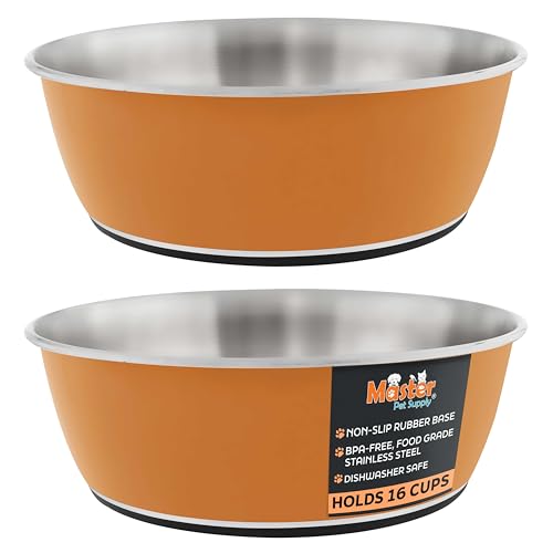 Master Pet Supply Stainless Steel Dog Bowls Set of 2 (128 Oz Each) with Non-Slip Rubber Base - Mango Tango - Basic Dog Food Bowl Water & Food Bowls for Small Medium Large Dogs & Cats, Metal Dish - color: Mango Tango, size: 16 Cups (128 oz) 2 Pack