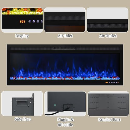 50 Inch Smart Electric Fireplace Insert with Heater, Recessed or Wall Mounted, Remote and App Control, 9H Timer, Adjustable Realistic Flame Effects, 1500W Heater - size: 50 Inch WiFi