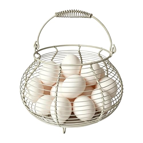 Egg Collection Basket, Sturdy Ergonomic Farmhouse Egg Basket, Vintage Woven Wire Eggs Holder, Vintage Woven Storage Stand with Handle, for Kitchen, Picnic, Garden, Harvest - color: Beige