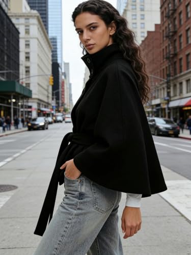 CHARTOU Women Batwing Sleeve Ponchos Pea Coat Wool Stand Collar Belt Capes Jacket Winter Cropped Overcoat - color: Black, size: Large