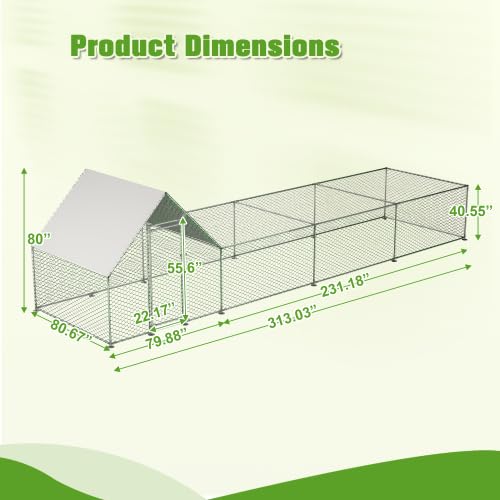 Large Metal Chicken Coop Walk-in Chicken Run Galvanized Wire Poultry Chicken Hen Pen Cage Rabbits Duck Cages with Waterproof and Anti-Ultraviolet Cover for Outside - size: 313.0"L x 80.7"W x 80.0"H