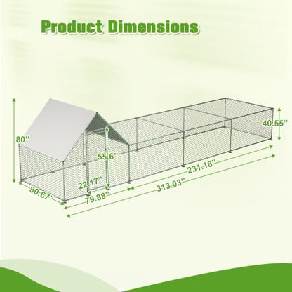 Large Metal Chicken Coop Walk-in Chicken Run Galvanized Wire Poultry Chicken Hen Pen Cage Rabbits Duck Cages with Waterproof and Anti-Ultraviolet Cover for Outside - size: 313.0"L x 80.7"W x 80.0"H
