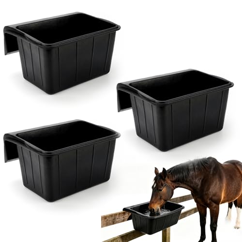 3 Pack 17 Quart Rubber Horse Feed Bucket Heavy Duty Plastic Hay Feeder for Stall Fence Pasture Stable Mountable Cattle Sheep Cow Feeding Pan with Hook for Easy Hanging Black