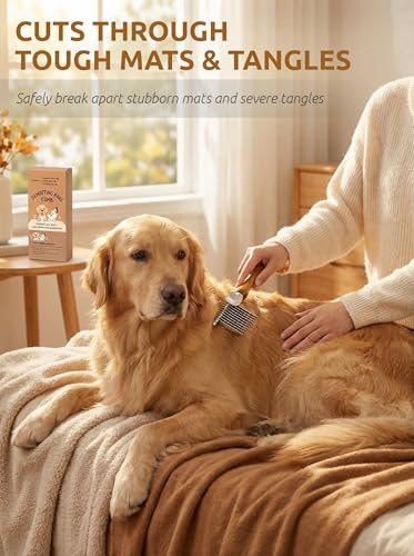 TAKAVU Dematting Comb for Dogs and Cats with Long Hair - 9-Blade Undercoat Rake for Removing Mats, Tangles and Knots - Deshedding Grooming Tool for Doodles and Double-Coated Pets