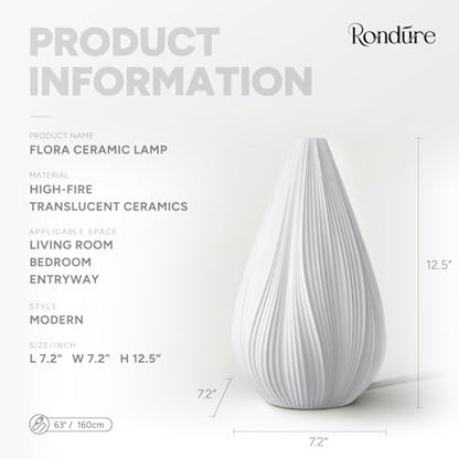 RONDURE Modern Ceramic Decorative Table Lamp Living Room Bedroom Bedside | Handcrafted Unique Warm Ambient Lighting Lamp, Accent White Translucent Ceramic shade, Fully Dimmable, Corded, Bulb Included