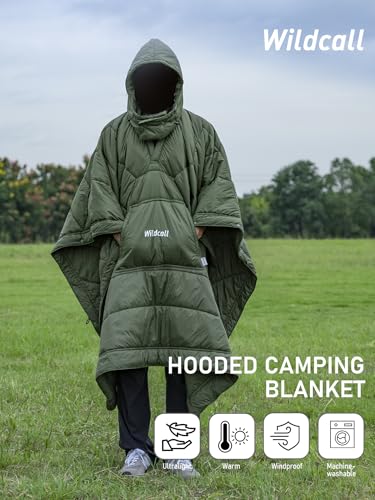 WildCall Hooded Camping Blanket with 3M Thinsulate Insulation Wearable Poncho Blanket Ultralight Foldable Quilt Sleeping Bag for Outdoor, Hiking, Stadium - color: Green