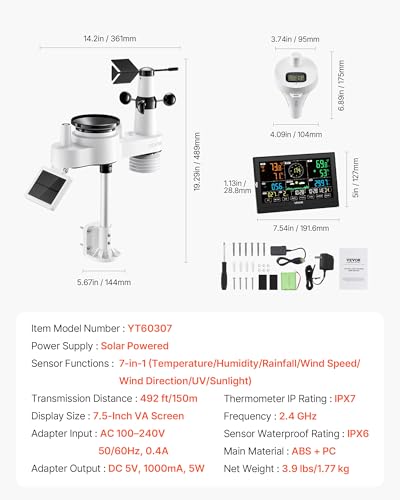 VEVOR 7-in-1 Wi-Fi Weather Station with APP, 7.5 in Display, Wireless Solar Powered Outdoor Sensor, with Pool Thermometer, Rain Gauge, Indoor Outdoor for Weather Forecast, Wind Speed, Pool Temperature - style: 7in1 WiFi with Pool Thermometer
