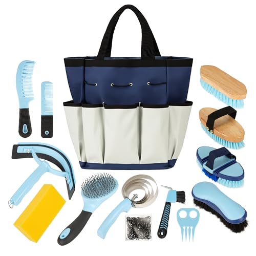 Horse Grooming Kit, 14-in-1 Professional Horse Brush Supplies Set for Grooming & Care, with Horse Brushes, Curry Comb, Hoof Pick & Waterproof Storage Tote Bag for Shining, Detangling, Massaging(Blue) - color: Blue