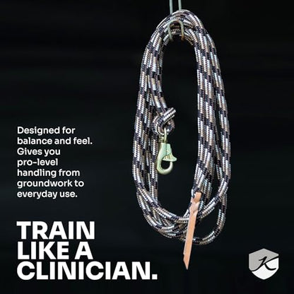 Kensington Clinician Equine Training Lead Rope – 10ft Heavy Duty Braided Horse Lead with Swivel Bull Snap | Color: Brown - Tan - White - Black w/Gold