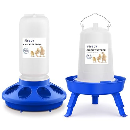 Baby Chick Feeder and Waterer Set with Adjustable Height, Anti-Drown Poultry Waterer for Raising Chicks in Brooder (0.3 Gal Chick Feeder & 0.4 Gal Chick Waterer, Blue)