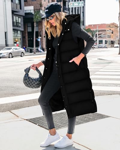 BTFBM Long Puffer Vest Women Quilted Hooded Button Down Zip Up Sleeveless Vests Outerwear Padded Jacket Fall Winter Coat - color: Black, size: XX-Large