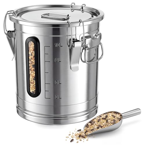 Gisafai 18 Lbs Wild Bird Food Seed Storage with Scoop Stainless Steel Transparent Window Measurement Scale Farmhouse Bird Food and Seed Locking Storage Bucket Bin Critter-Proof Bucket