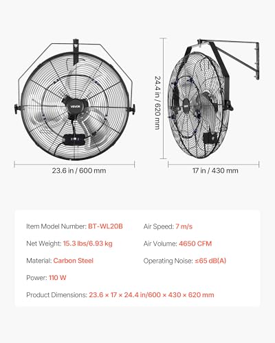 VEVOR Wall Mount Fan, 20 in Wall Mounted Hanging Fan with Mist, IP44-rated Protection, 3-Speed, Long Airflow Distance, Adjustable Rotation Angle, Powerful for Industry, Commercial, Garage, Workshop - size: 20In-Misting