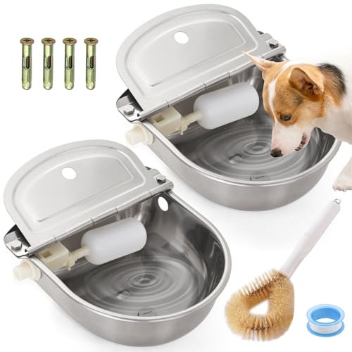 2-Pack Automatic Livestock Waterer, 304 Stainless Steel Auto Fill with Float Valve, Drainage Hole & Baffle, Without Hose, Wall/Floor Mount, for Dogs, Chickens, Horses, Goats, Pigs