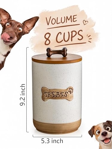 Miamolo Dog Treat Jar Ceramic Dog Treat Container with Wooden Lid, 8 Cups Airtight Dog Food Storage Container for Countertop, Farmhouse Dog Biscuit Jar Gift for Dog Lovers - Bone Dotted White - color: Bone Dotted White
