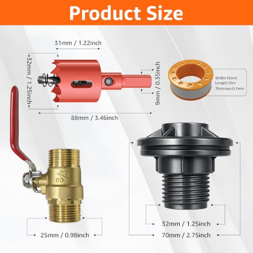 QTG Rain Barrel Spigot Kit 3/4" GHT Quarter Turn Ball Valve with Bulkhead Fitting, Brass Faucet & 32mm Hole Saw for Water Containers & Garden Rainwater Tanks (Brass) - color: 3/4"