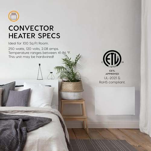 EconoHome Wall Mount Space Heater Panel with Heat Guard - 250 Watt Splashproof Convection Heater with Thermostat - Ideal for 100 Sqf Room or Bathroom - 120V Electric Heater - Updated Model - size: 250W