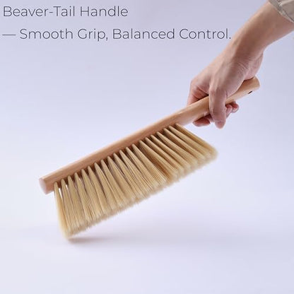 Foxtail (Fox Tail) Bench Brush for Construction Cleanup and Tile Finishing - Heavy-Duty Wooden Handle, Wide Sweep, Hang Loop, 14-Inch, Also for Woodworking and Retail Counters