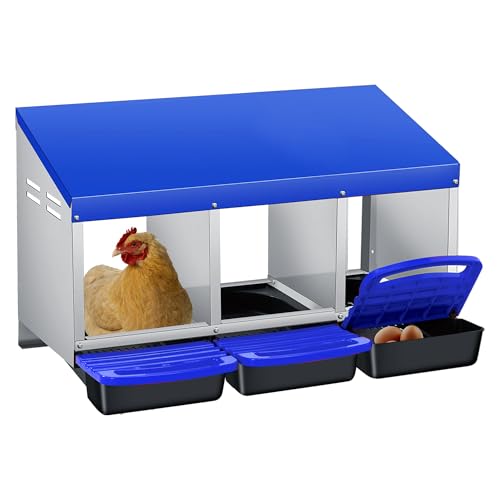 Garvee Nesting Boxes for Chickens - 3 Compartment Metal Stainless Steel Chicken Nesting Boxes with Pull-Out Trays,Hen Roosting & Laying Eggs,Roll Away Design,Easy to Install and Easy to Clean - color: Blue, size: 3 Holes