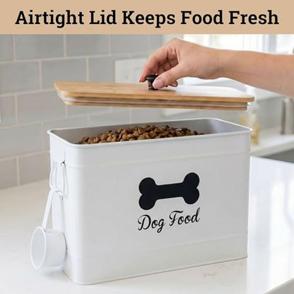 Dog Food Container Airtight 15-20 lb (70 Cup) Capacity with Metal Scoop - Cute Airtight Dog Food Storage Container with Bamboo Lid - White Metal Kibble Storage Bin for Dogs up to 100 lbs - Big Pet Jar - color: White