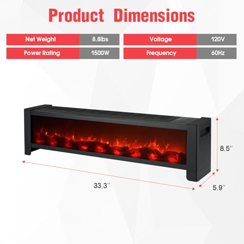 Baseboard Heater, 1500W Electric Heater with Realistic 3D Flame, 12H Timer, Thermostat, Portable Space Heater for Indoor Use, Black