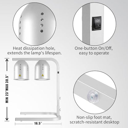 Heat Lamp for Food, with Two 250W Bulbs for Fast and Even Heating, Food Heat Lamp with Adjustable Height Stand, Commercial Food Warmer Lamp for Home, Fast Food Restaurant, Buffet, Bakery Silver - color: Silver