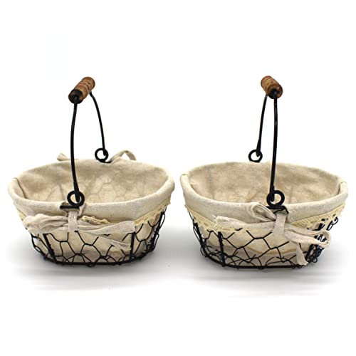 CVHOMEDECO. Primitives Country Chicken Wire Small Gift Baskets Gathering Baskets with Wooden Handle and Fabric Liner. Set of 2 (Oval) Matt Black