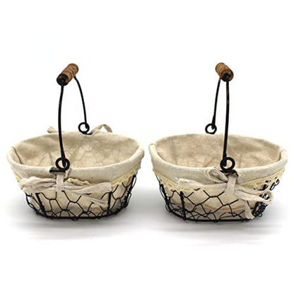 CVHOMEDECO. Primitives Country Chicken Wire Small Gift Baskets Gathering Baskets with Wooden Handle and Fabric Liner. Set of 2 (Oval) Matt Black