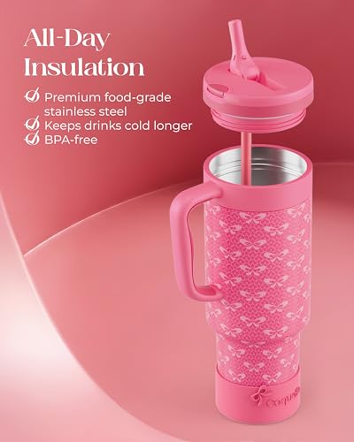 40 oz Insulated Tumbler with Handle and Push-Button Straw Lid, Stainless Steel Travel Cup for Gym Office, Leakproof, BPA-Free, Cup Holder Friendly, Bow Silicone Boot, Pink (Coquette Fuchsia) - color: Coquette Fuchsia