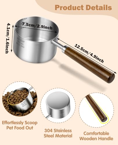Stainless Steel Dog Food Scoop, Dog Food Measuring Cup With Measuring Lines (Cup/ML) & Long Wooden Handle, Metal Pet Food Scoop For Dogs, Cats and Kitchen Use, Dishwasher Safe (3/4 CUP) - size: 3/4 CUP