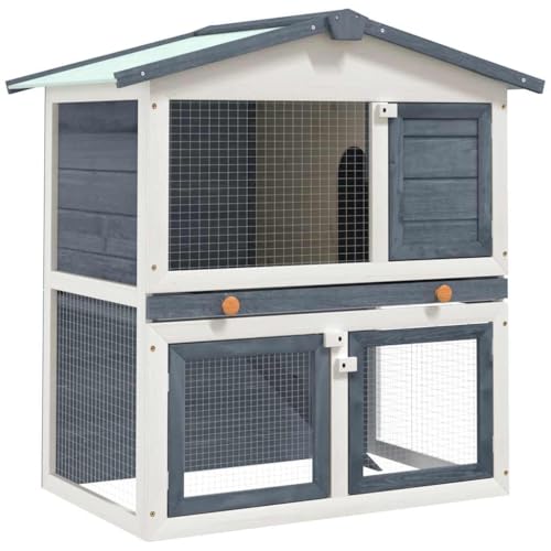 Rabbit Hutch for Outdoor and Indoor Use Solid Pine Wood Powder-Coated Iron Mesh Grey Rectangular 37x37x39in Small Animal Cage House with Double-Door Access for Rabbits Bunnies - color: Grey, size: 37.0 x 37.0 x 38.6 in (W x L x H)