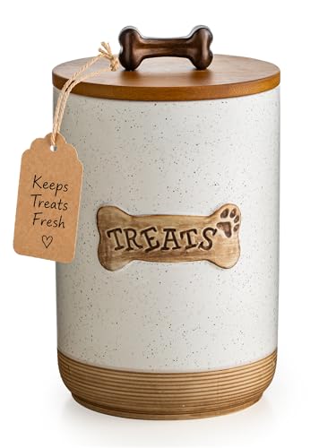 Miamolo Dog Treat Jar Ceramic Dog Treat Container with Wooden Lid, 8 Cups Airtight Dog Food Storage Container for Countertop, Farmhouse Dog Biscuit Jar Gift for Dog Lovers - Bone Dotted White - color: Bone Dotted White