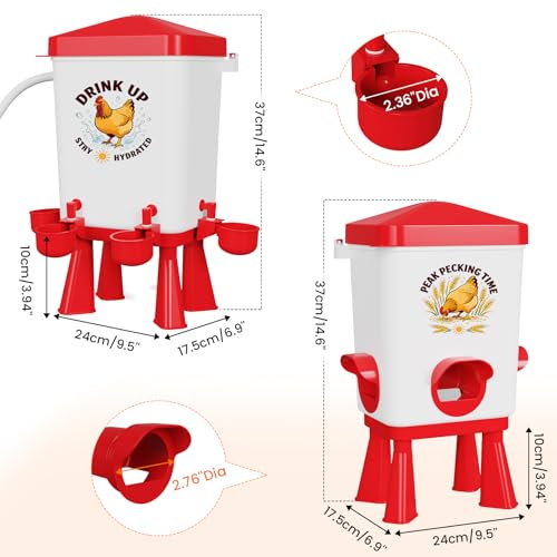 3 Gallon Chicken Feeder and Waterer Set, Large Chick Water with Automatic Float Valve, No Waste Poultry Feeding and Watering System, 4 Cups & 3 Ports, Chicken Coop Accessories for Pigeons Quail, Red