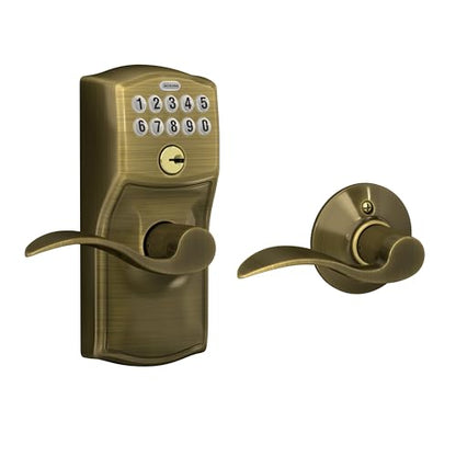 Schlage Camelot Keypad Lock with Lever Handle, Electronic Keyless Door Entry, Auto‑Lock Enabled, Antique Brass, FE575 CAM 609 ACC - color: Antique Brass, size: Accent Lever