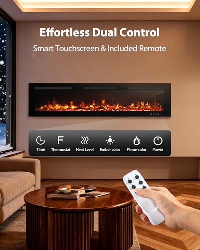 EUHOMY 72 Inch Electric Fireplace Wall Recessed and Wall Mounted with Adjustable Flame Color, Fireplace Heater with Remote Control, Linear Fireplace with Timer, Touch Screen, Log & Crystal, 750/1500W - size: 72 Inch