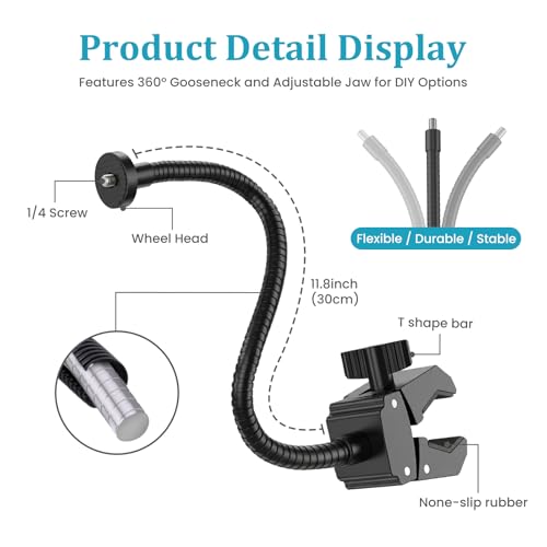 Gooseneck Clamp Camera Mount with 1/4" Screw, Clip Mounts for Handlebar, Desk, Tube, Cross Bar, Flexible 30cm Gooseneck Arm, Compatible with Go Pro, Ring, Google Nest, Wyze, and Arlo - size: 11.8"