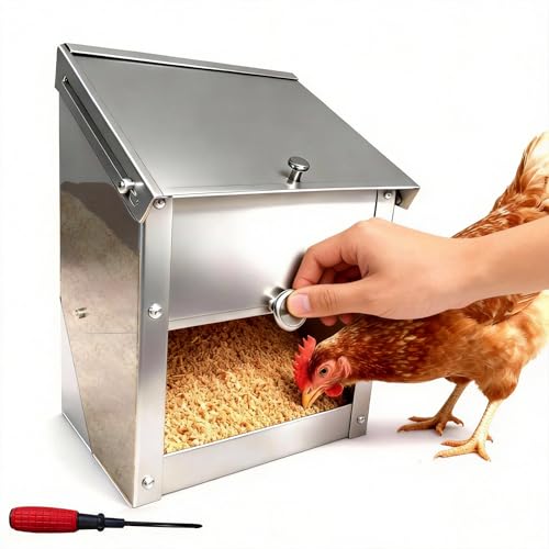 Stainless Steel Gravity Feeder for Squirrel, No Waste Hanging Chicken Feeder with Lid, Wall Mount Food Box for Duck Goose Stray Cat Small Pets Indoor Outdoor (10 lbs)