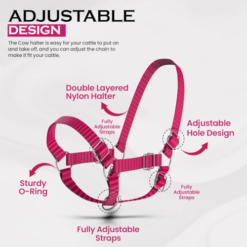 HADZAM Adjustable Nylon Cow Halter | Calf Halter one Halter for (1 Year to Full Size) Easy Adjustable Straps elimates the Need of Ill-Fitting Cattle Halter - color: PINK
