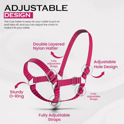 HADZAM Adjustable Nylon Cow Halter | Calf Halter one Halter for (1 Year to Full Size) Easy Adjustable Straps elimates the Need of Ill-Fitting Cattle Halter - color: PINK