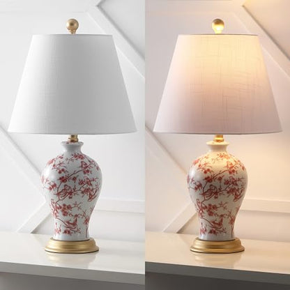 JONATHAN Y 24" White/Red French Country Ceramic Floral Urn Table Lamp, White Linen Shade, Chinoiserie Ginger Jar Bedside Lamp for Living Room Bedroom, LED Bulb (JYL3009C) - color: White/Red