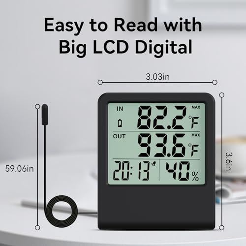 4-in-1 Thermometer Hygrometer with Alarm Clock, Large LCD, 1.5 m Waterproof Probe for Fridge/Greenhouse/Aquarium, 10-Second Refresh, Max/Min, °C/°F, Wall/Desk/Magnetic Mount