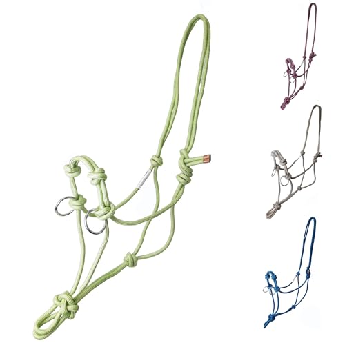 Tahoe Tack Copper Tip® Series Horse Training Rope Halter – 4 Knot, 1/4" Stiff Cord with 2 Rings for Enhanced Control - color: Green/Tan